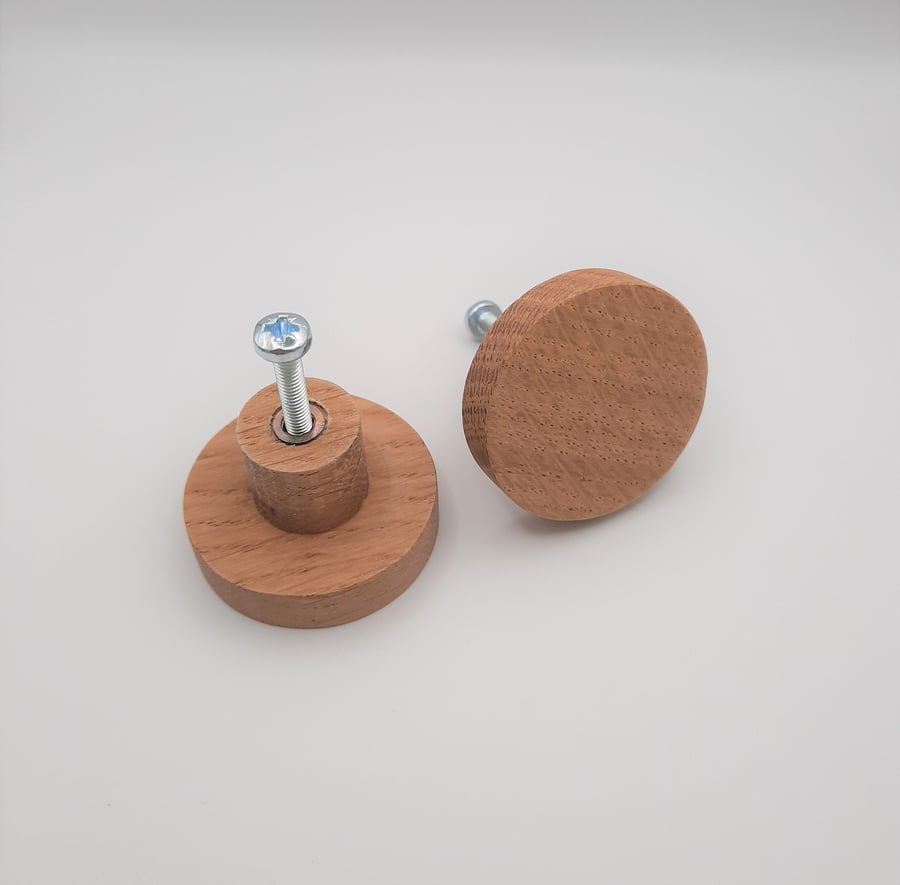Solid Oak Round Door and Drawer Knobs, Wooden Knobs for Bedroom and Kitchen