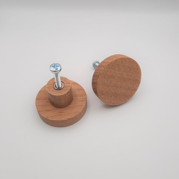 Solid Oak Round Door and Drawer Knobs, Wooden Knobs for Bedroom and Kitchen