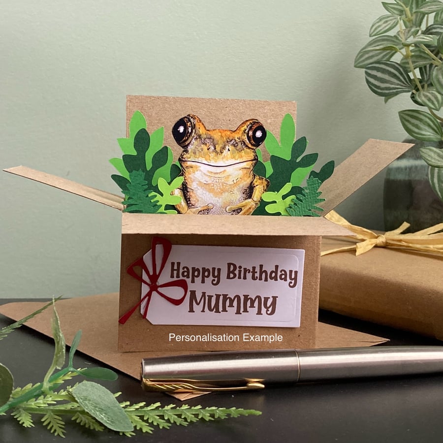 Frog Card; Personalised, Birthday or Blank. Gift card holder for frog lovers