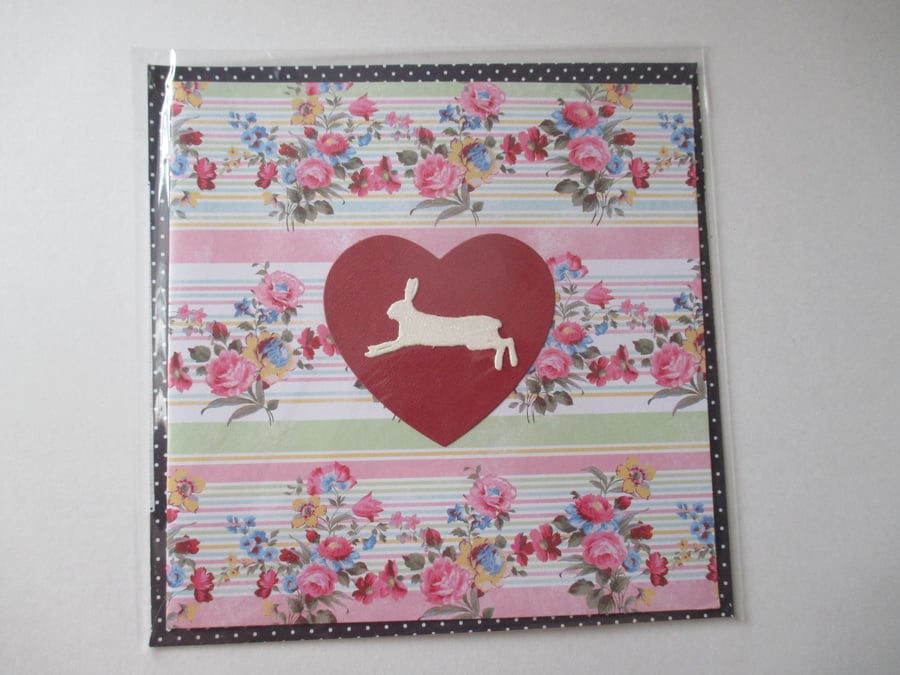 Bunny Rabbit  Love Heart Hand Crafted Greetings Card Floral Valentine's Day