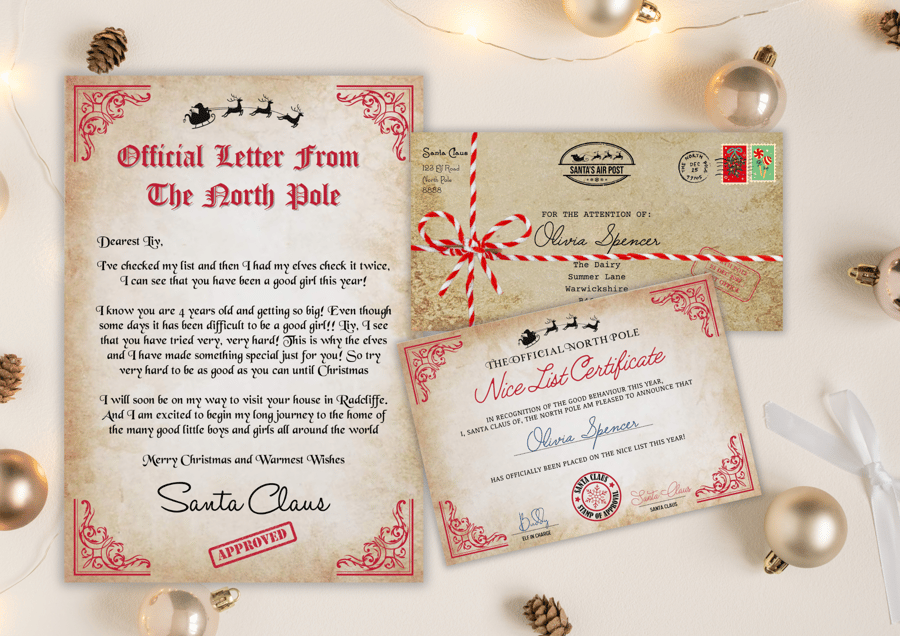 Personalised Santa Letter, Nice Certificate & Envelope 