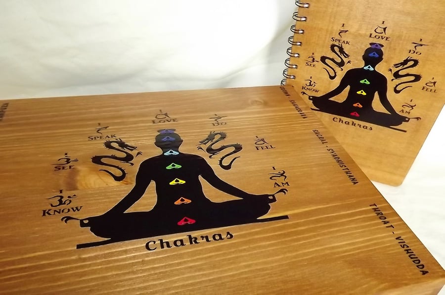 CHAKRA MEDITATIONS. Large Lockable Wooden box & Matching Wood Spiritual Journal