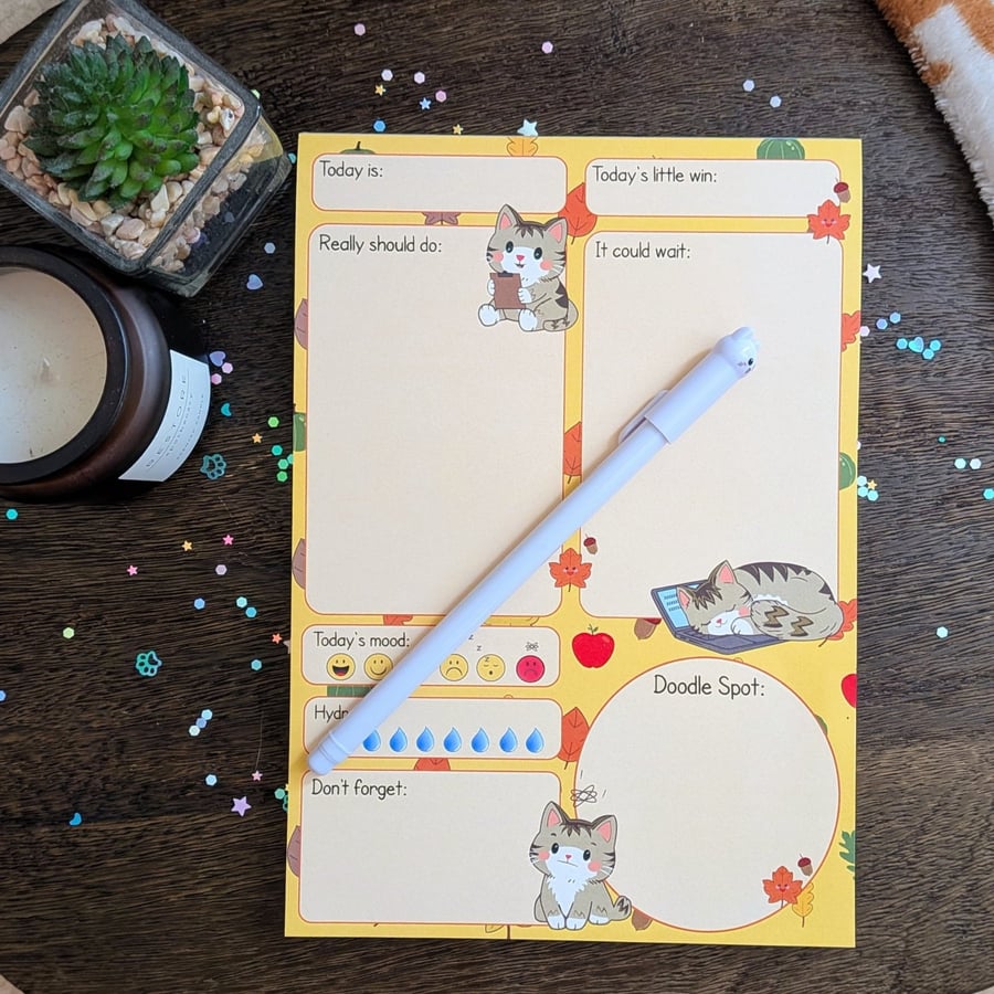 Autumnal Cat Daily Planner Desk Pad – Organiser with doodle spot
