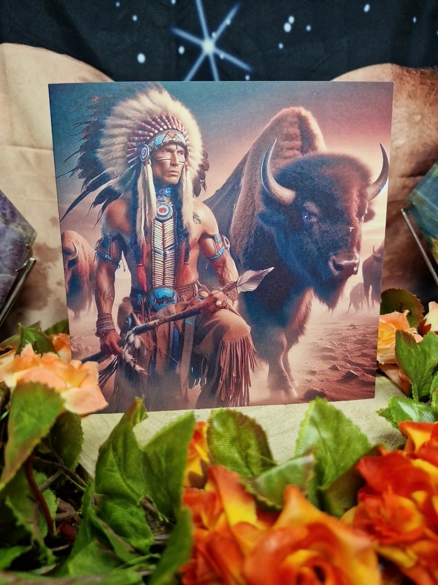 Native Indian Warrior Chief With Spirit Animal Buffalo Greetings Card 