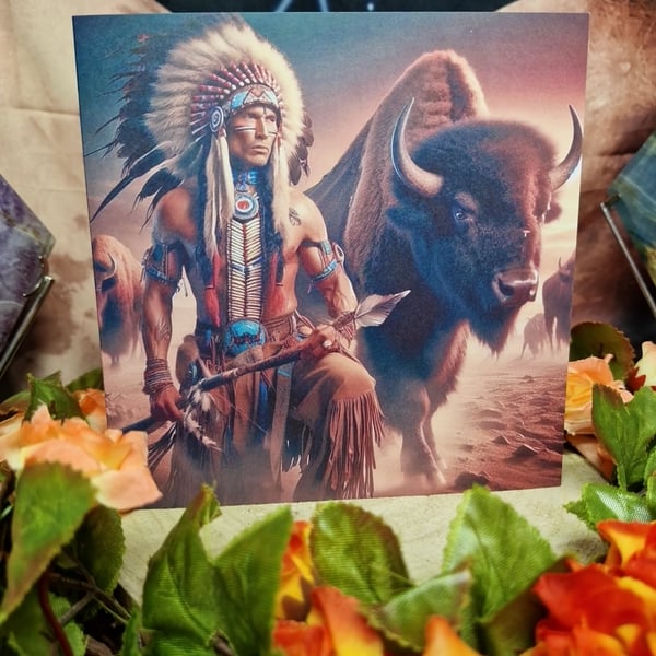 Native Indian Warrior Chief With Spirit Animal Buffalo Greetings Card 