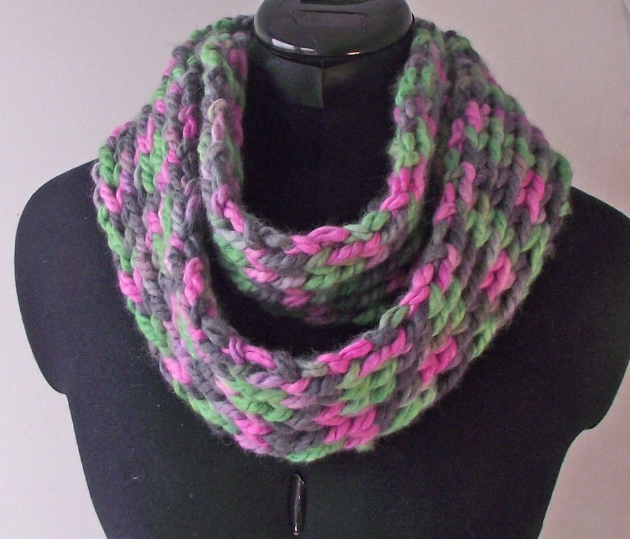 Infinity Scarf, Knitted, Hand Dyed, Handspun, Bluefaced Leicester Wool, Green