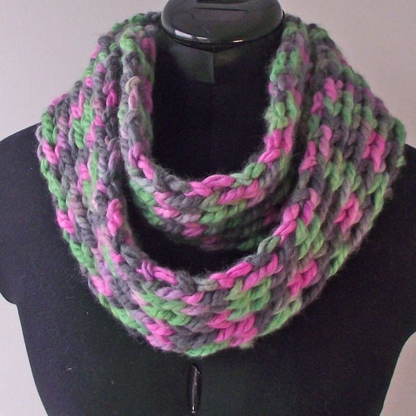 Infinity Scarf, Knitted, Hand Dyed, Handspun, Bluefaced Leicester Wool, Green