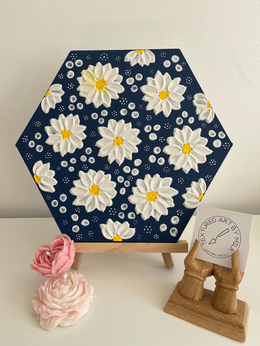 Daisy Days – Original Textured Painting on Hexagonal Canvas