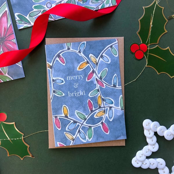 Merry and Bright Christmas Lights Card Blue Christmas Single or Set of 5 