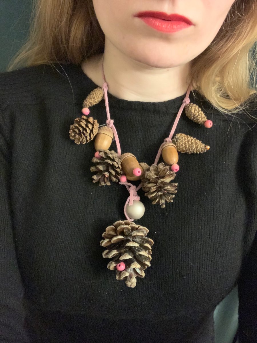 Long Statement Fir Cone Leather & Wood Pink Necklace Unique