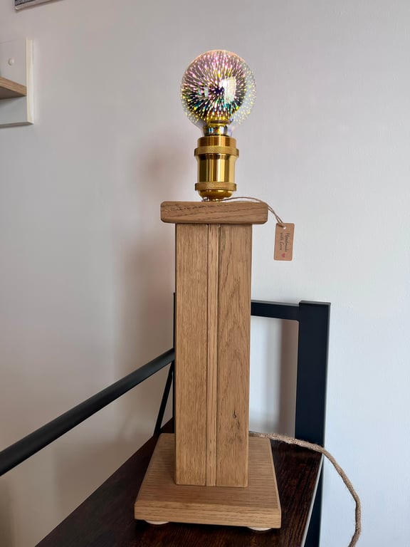 Tall Rustic Oak Column Table Lamp – Handmade Statement Wooden Light