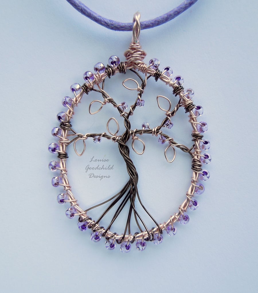 Rose Gold and lilac tree of life pendant necklace, unique wearable wire art