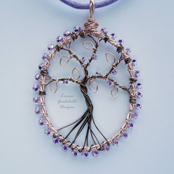 Rose Gold and lilac tree of life pendant necklace, unique wearable wire art