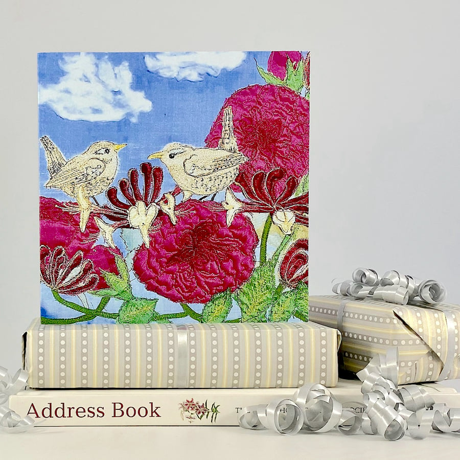 Floral Birthday card - roses and wrens British birds flower nature