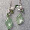 Green Glass Beads Mother of Pearl Nuggets & White Potato Pearls Cluster Earrings