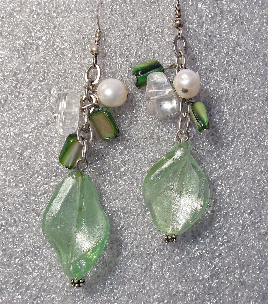 Green Glass Beads Mother of Pearl Nuggets & White Potato Pearls Cluster Earrings
