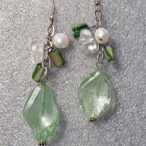 Green Glass Beads Mother of Pearl Nuggets & White Potato Pearls Cluster Earrings