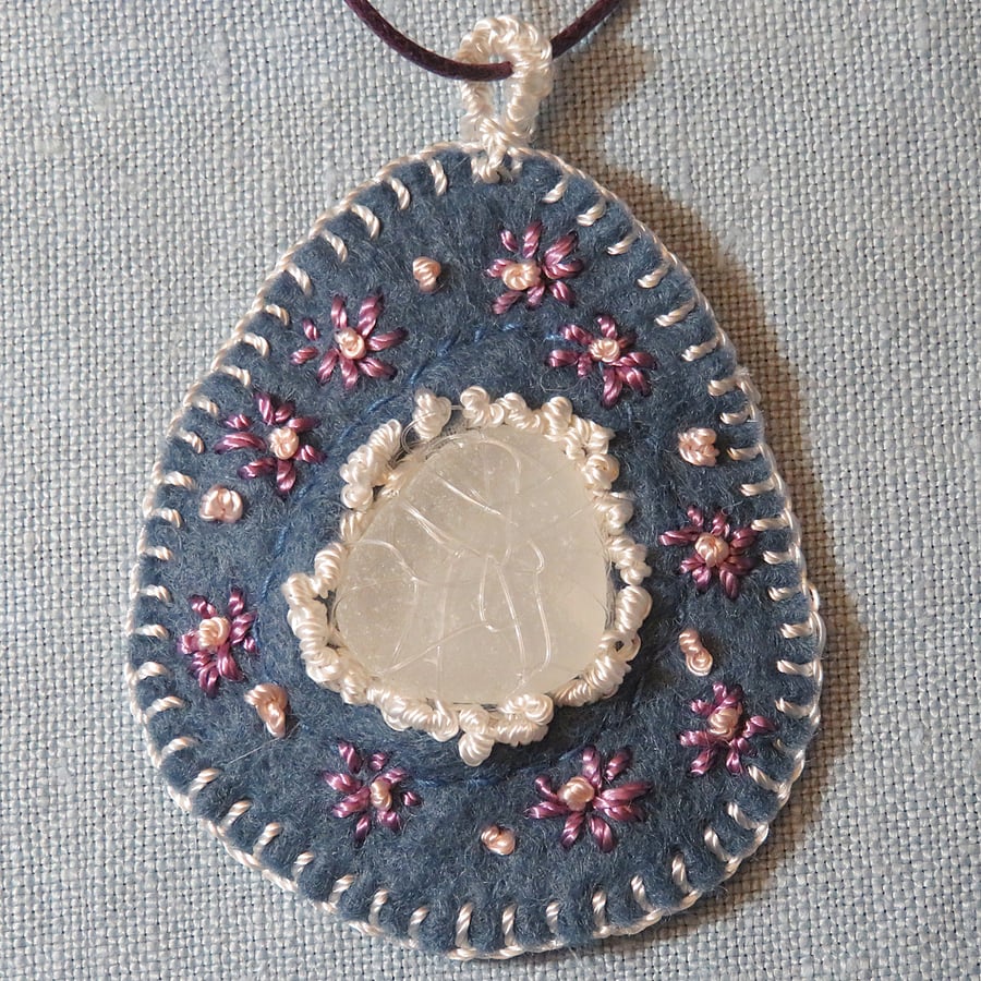 SALE - Pendant - Sea Glass and Embroidered Felt 