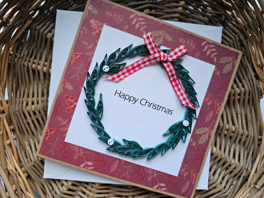 Quilled Wreath with Tiny Buttons and Ribbon Size 5" x 5" (12.5cm x 12.5cm)