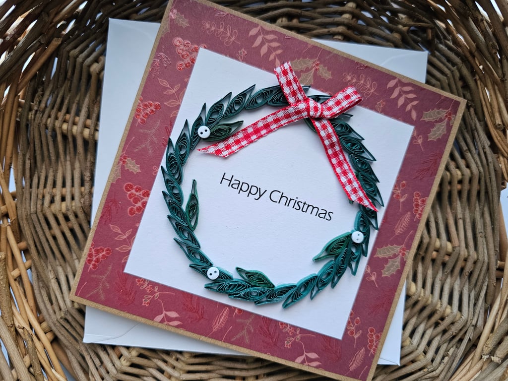 Quilled Wreath with Tiny Buttons and Ribbon Size 5" x 5" (12.5cm x 12.5cm)