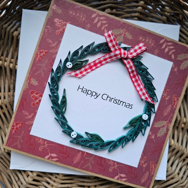 Quilled Wreath with Tiny Buttons and Ribbon Size 5" x 5" (12.5cm x 12.5cm)