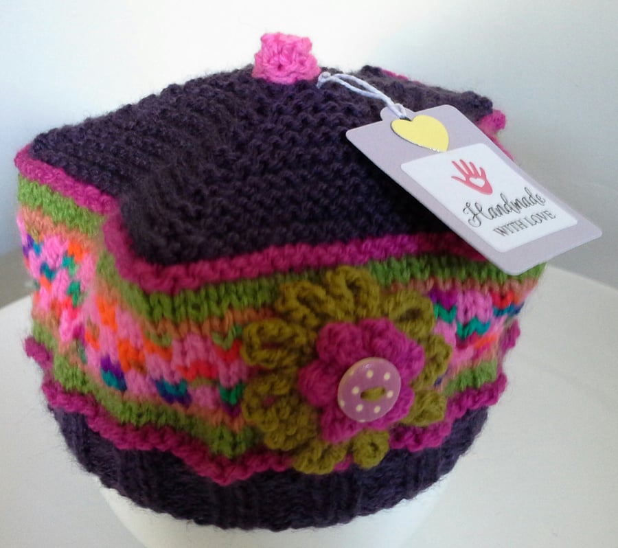Hand Knitted Baby Girl's Fairisle Beret Hat  6 - 12 months size