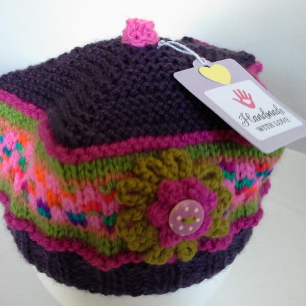 Hand Knitted Baby Girl's Fairisle Beret Hat  6 - 12 months size