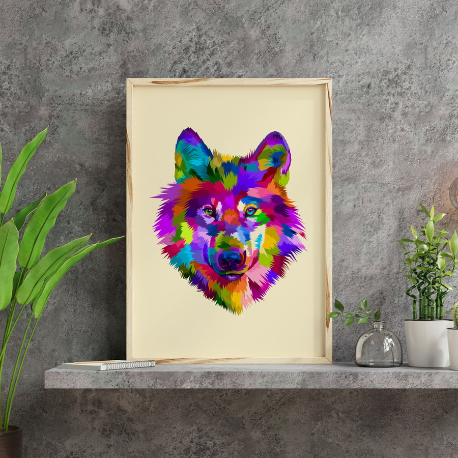 Wolf geometric rainbow print