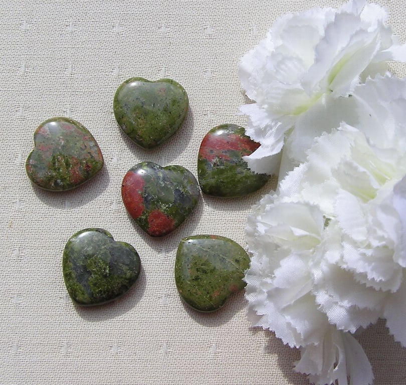 6 Unakite Solid Gemstone Polished Hearts - 20mm - Chakra - Crafting