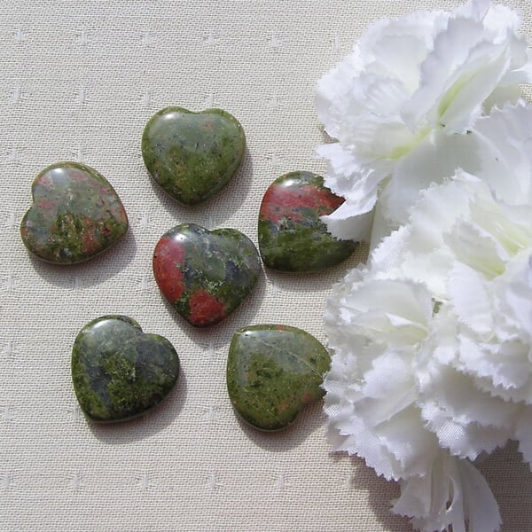 6 Unakite Solid Gemstone Polished Hearts - 20mm - Chakra - Crafting