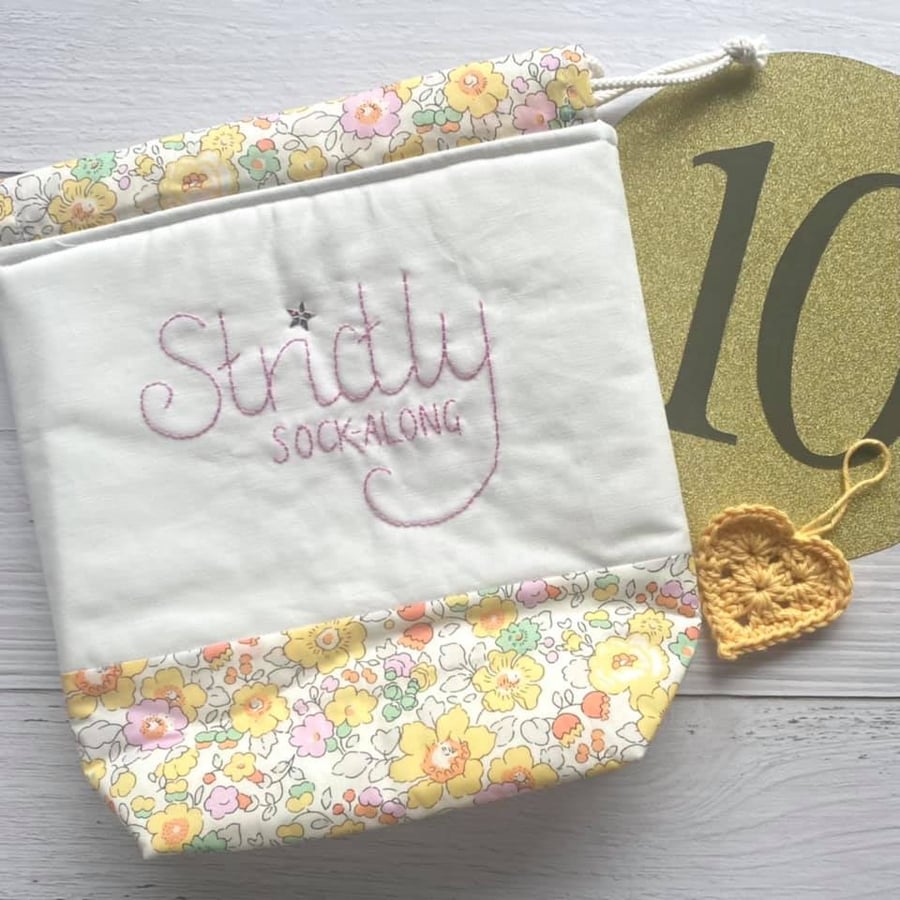 'Strictly Sock-Along' Project Bag with Hand Embroidery - Yellow with Lilac
