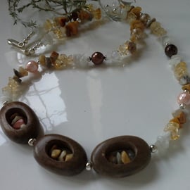 Genuine Wood, Citrine, Moonstone, Agate, Shell Pearl Necklace (Help a Charity)
