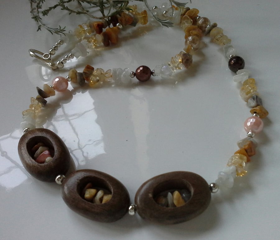 Genuine Wood, Citrine, Moonstone, Agate, Shell Pearl Necklace (Help a Charity)