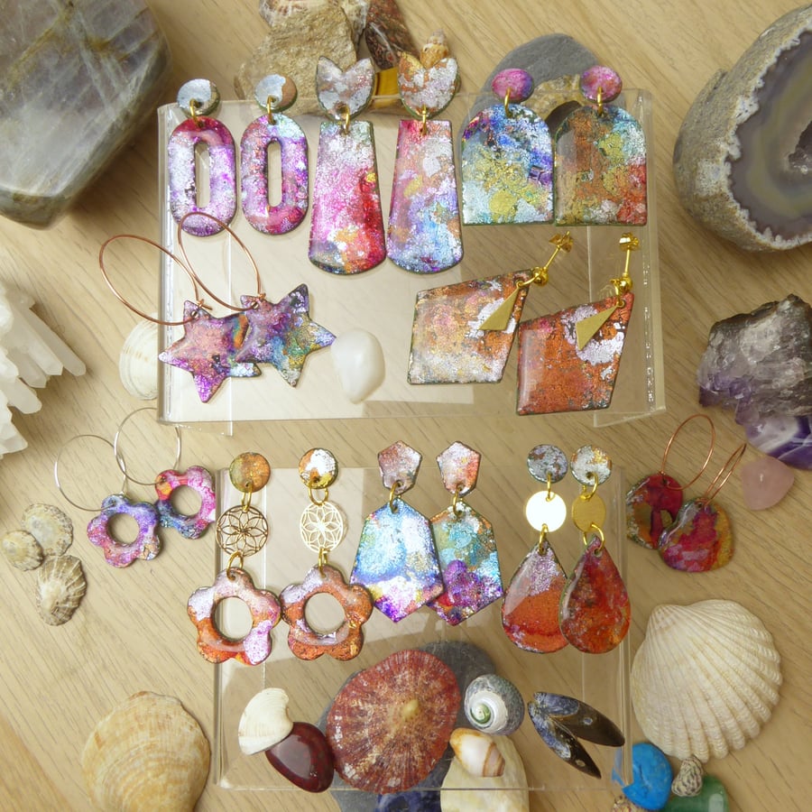 Metallic Rainbow Polymer Clay Earrings, Rainbow Statement Earrings, Clay Earring