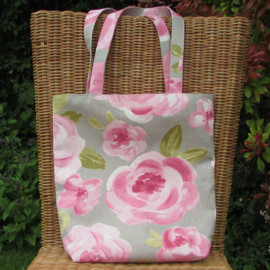Tote bag - grey with pink roses