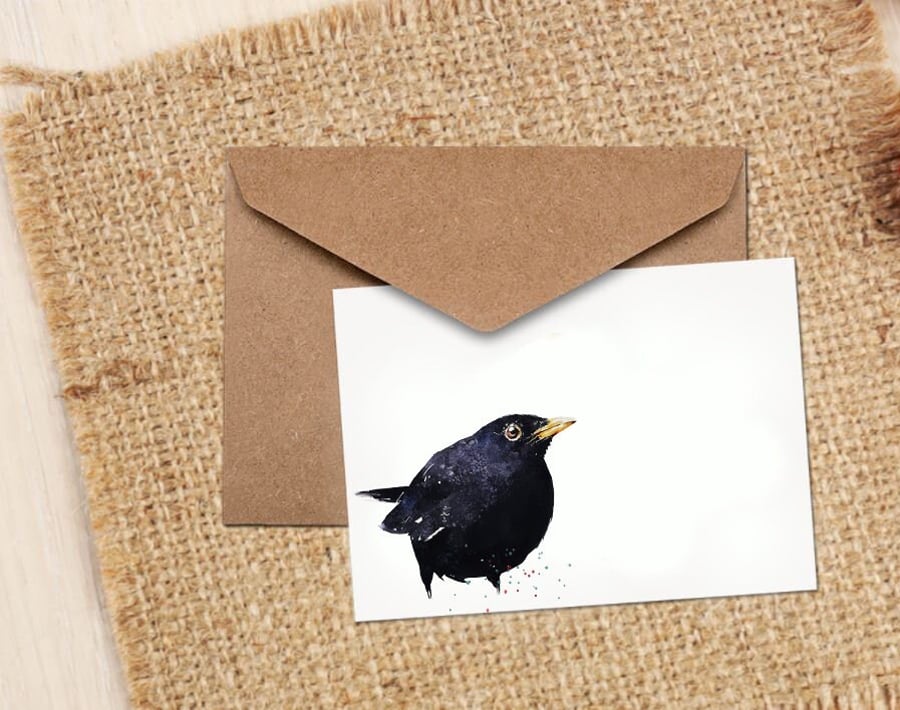 Black Bird Watercolour Art GreetingNote Card.Black Bird Cards,Black BirdArt card