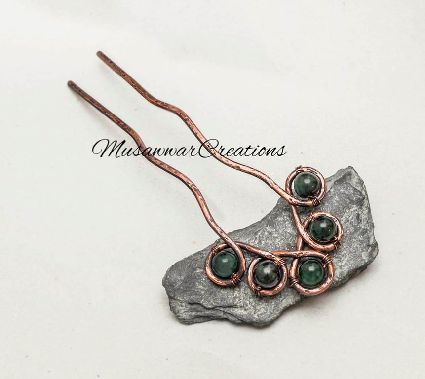 Handmade Antique Copper Hair Fork: Green Jasper Celtic Bun prong