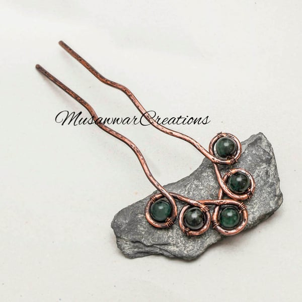 Handmade Antique Copper Hair Fork: Green Jasper Celtic Bun prong