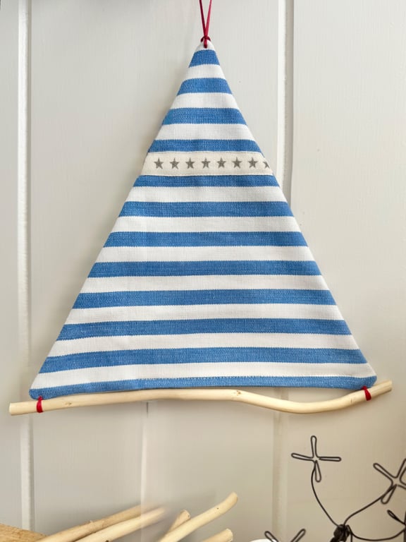 SAILING BOAT hanging decoration - medium size, blue and white stripes
