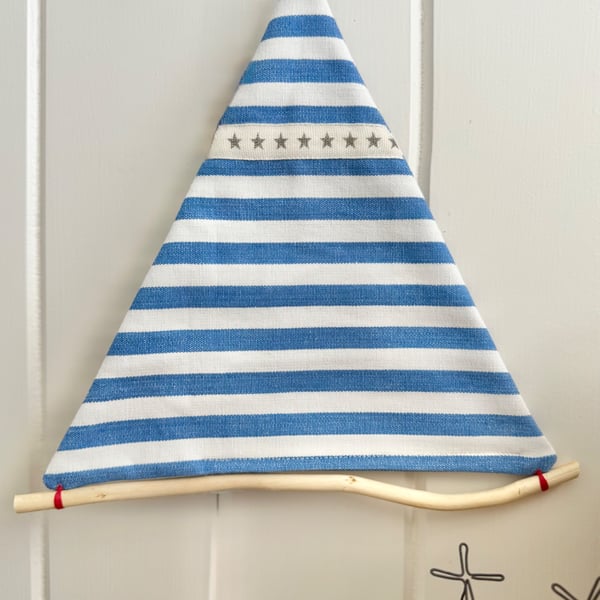 SAILING BOAT hanging decoration - medium size, blue and white stripes