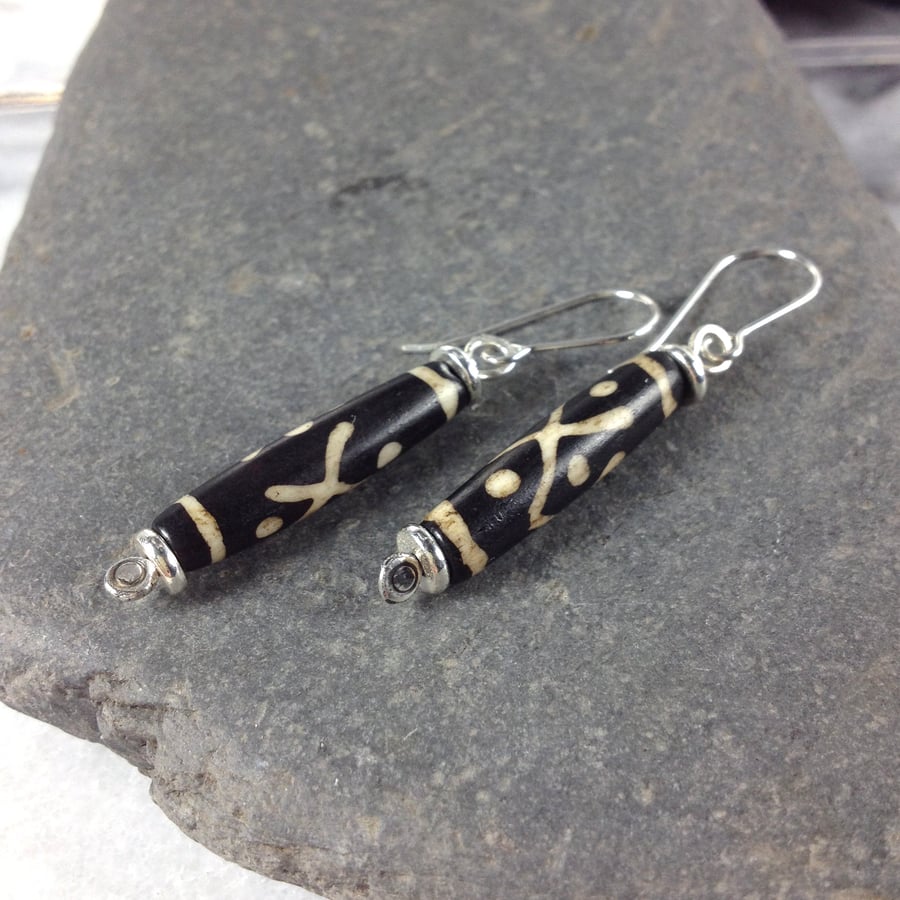Sterling silver and bone Dzi bead earrings