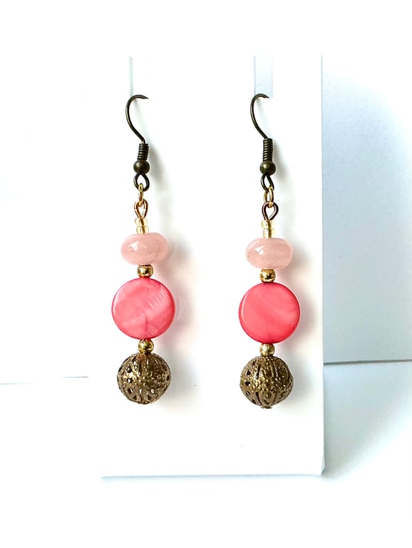 Pink and Gold Rose Quartz and Mother of Pearl Beaded Earrings
