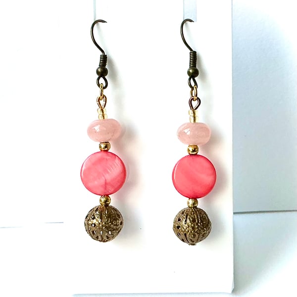 Pink and Gold Rose Quartz and Mother of Pearl Beaded Earrings