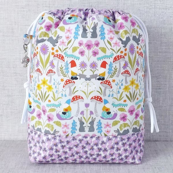 Project bag, drawstring bag, gnomes, mushrooms, bunnies 