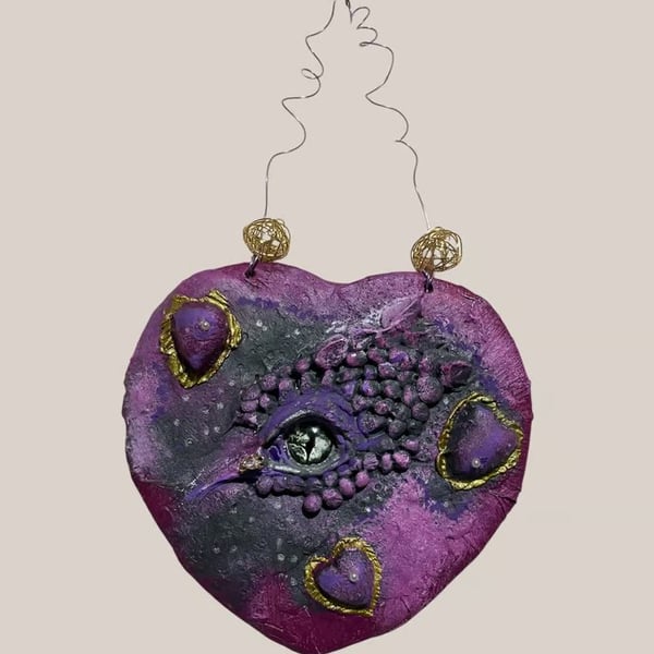 Purple dragon eye heart wall hanging handmade fantasy gothic sculpture 19x36cm