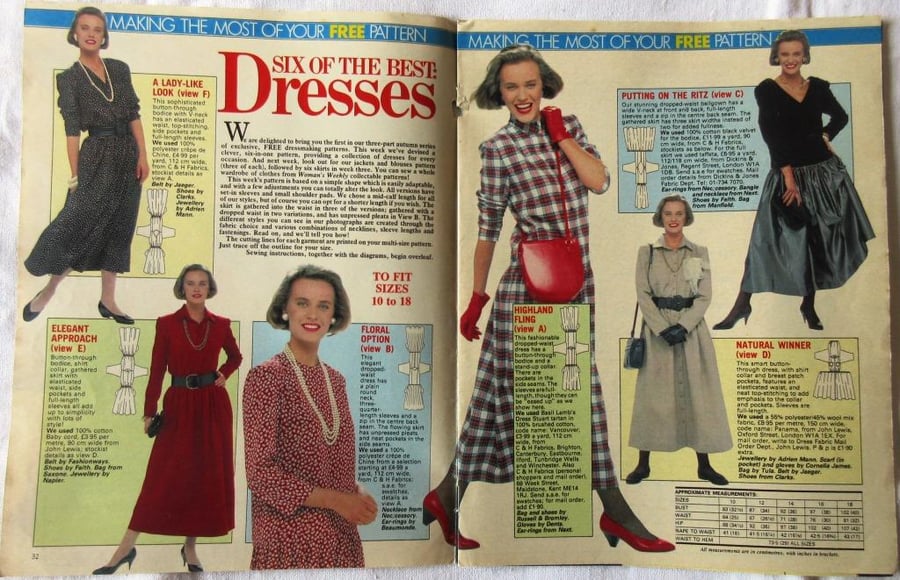 A multi-size sewing pattern for women's dresses in 6 styles (Woman's Weekly)