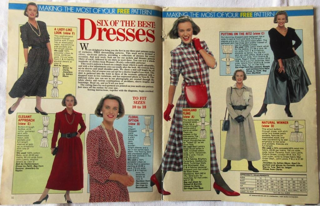A multi-size sewing pattern for women's dresses in 6 styles (Woman's Weekly)