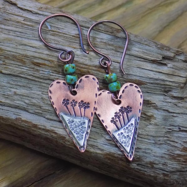 Copper earrings, heart ,boho style, aged finish