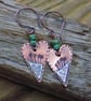 Copper earrings, heart ,boho style, aged finish - Image 1