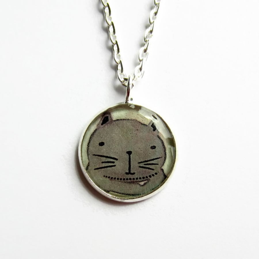 Cute Cat Necklace, Small Grey Cat  Picture Pendant, Resin Jewellery, 18mm